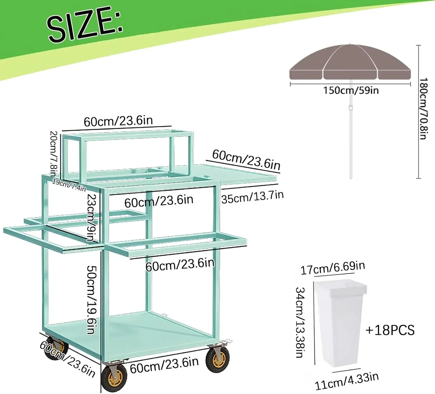 Metal Outdoor Flower Display Stand with Flower Display Stand with 18 Buckets, Flower Cart Display Stand with Wheels，Flower cart