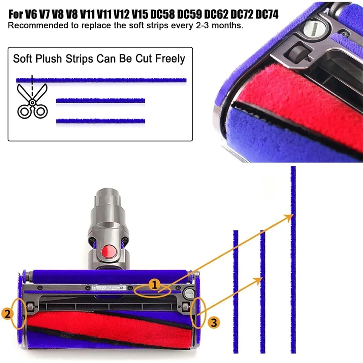 HEIßER Weiche Plüsch Streifen Rohr Schlauch für Dyson V6 V7 V8 V10 V12 V15 DC58 DC59 DC62 DC72 DC74 Staubsauger Köpfe Ersatz