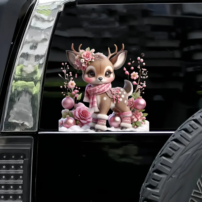 1Pc 2D Flat Pink Floral Deer Waterproof Vinyl Sticker Scratch Resistant Car SUV Laptop Xmas Valentine Decor Gift