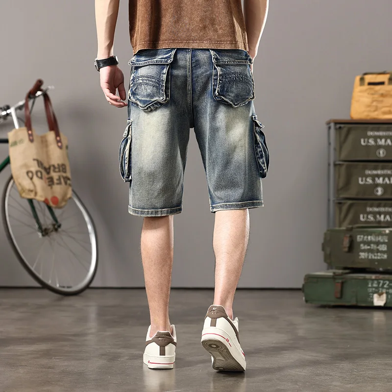 Available in Three Colors 2024 Summer Stretch Denim Shorts Men's Multi-Pocket Japanese Retro Overalls Loose plus Size Shorts