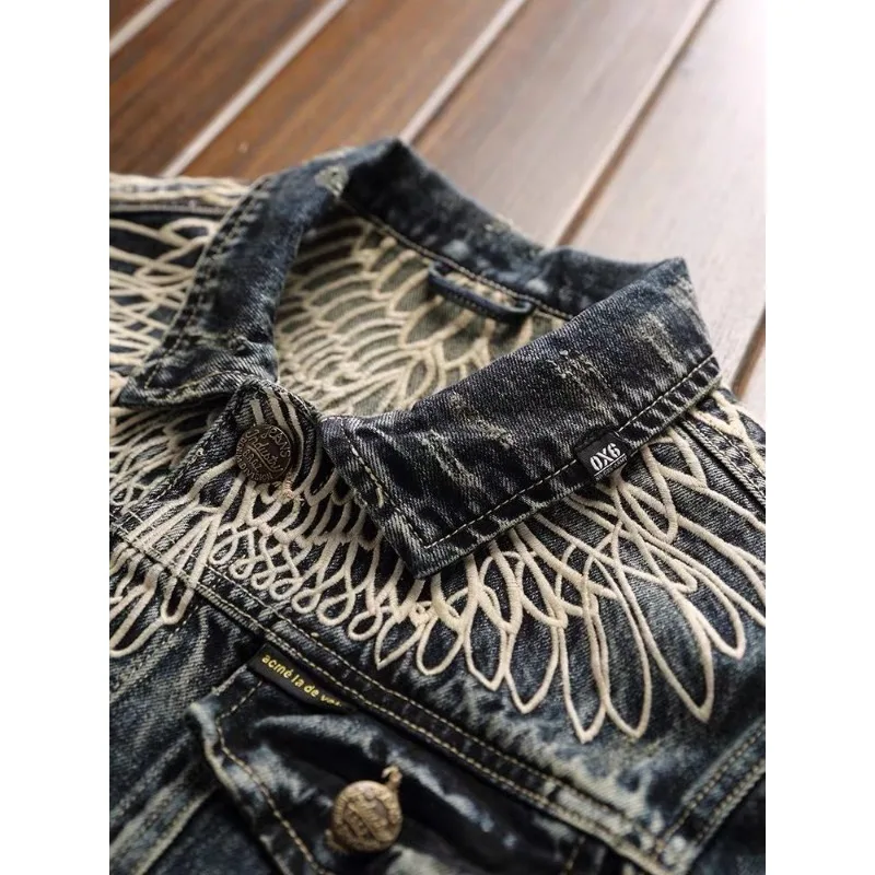 United States Retro Light Luxury Men's Denim Coat Fashion Brand Street Handsome Classic Embroidery Spring and Autumn Slim Jacket