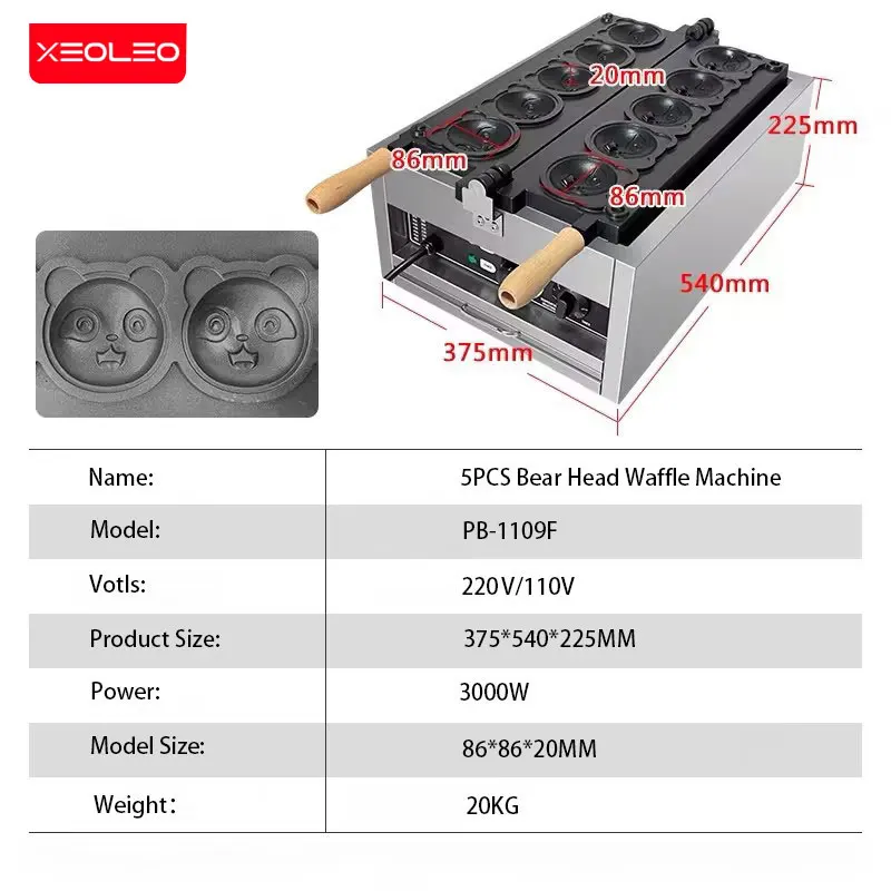 XEOLEO elektryczna gofrownica z głową niedźwiedzia 5 sztuk mały kształt misia Taiyaki gofrownica 3000W powłoka nieprzywierająca