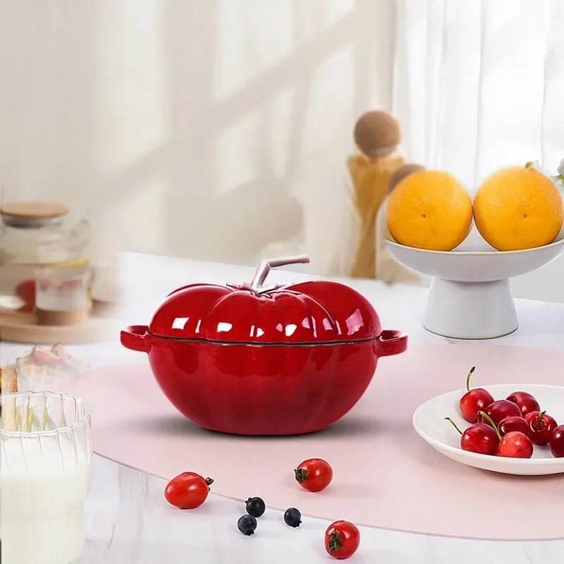 European Style Cast Iron Tomato Shaped Pot Mini Stew Casserole for Kids Compatible with Oven Induction Cooker Kitchen Cookware