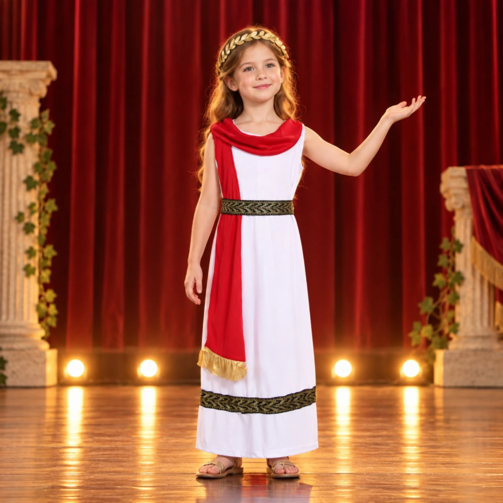 Robe de costume pour filles d'inspiration romaine avec coiffe, robe toga ornée, tenue longue, confortable