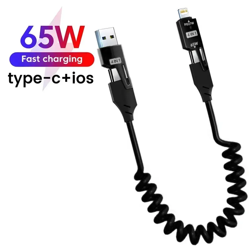 4 in 1 65W Spring Short Data Cable 6A USB Type C Spring Telescopic Quick Charger Wire Spring USB Cable for iPhone 15 14 13 12