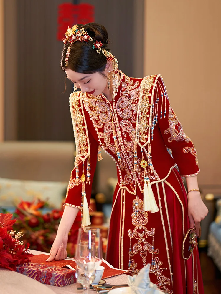 Xiuhe Dress Bride 2024 nowa ślubna nowa suknia chińskie wesele wychodzi za mąż w pawilon sukienka, Hanfu, sukienka tostowa, wysokiej klasy