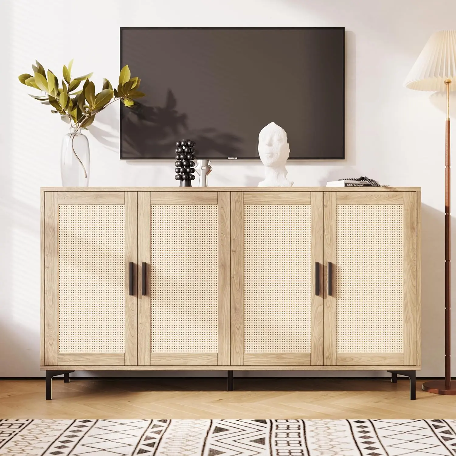 Sideboard - Kitchen Buffet Cabinet with Rattan Decorated Doors, Accent Sideboard Cabinet with Doors