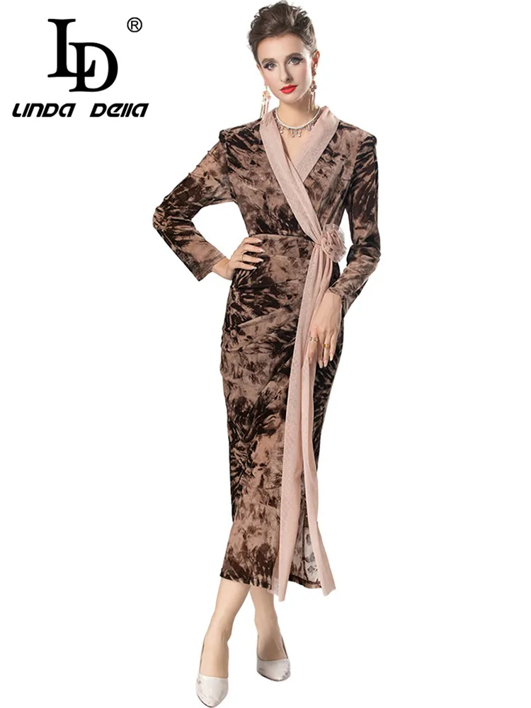 

LD LINDA DELLA Autumn and Winter Women's dress V-Neck Long-Sleeved Slim-Fit Hip Wrap Three-Dimensional Flower design Dresses