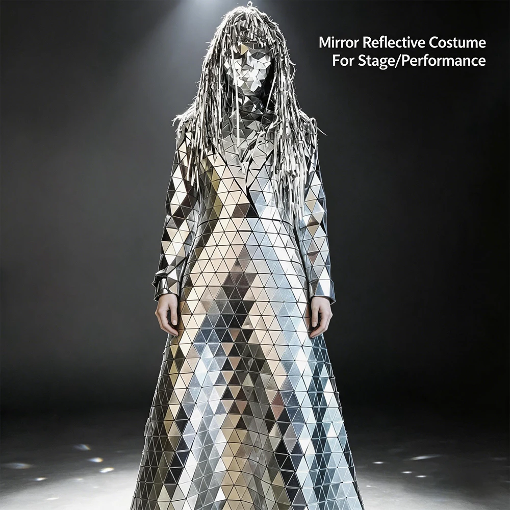 

Silver Mirror Full Body Dress with Fringe Wig Disco Ball Reflective Costume for Stage Performance Carnival Adult Size