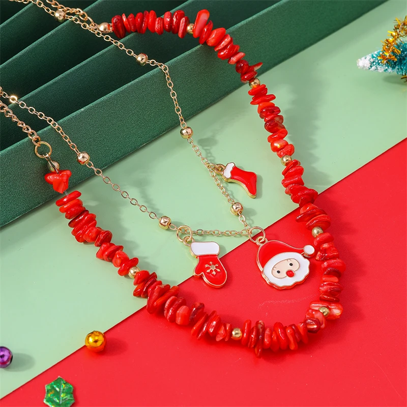Modische handgefertigte Halskette mit Steinperlen für Frauen, Weihnachtsmann-Socken-Anhänger, Halsketten für Mädchen, Party-, Festival-Schmuckgeschenke – Detail 7