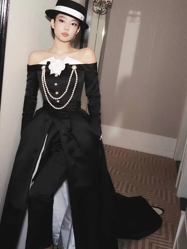 

Jennie Golden Miss Hepburn Sle One oulder Dr Длинные брюки со шлейфом Dr Set Ele Винтаж Высокая талия Полиэфирное волокно