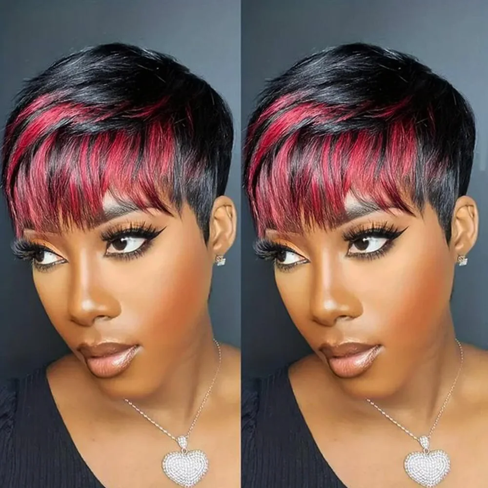 Peruki z krótkimi włosami dla czarnoskórych kobiet, peruki pixie cut wykonane maszynowo z grzywką, czarne z czerwonymi warstwami, peruki bob dla kobiet.