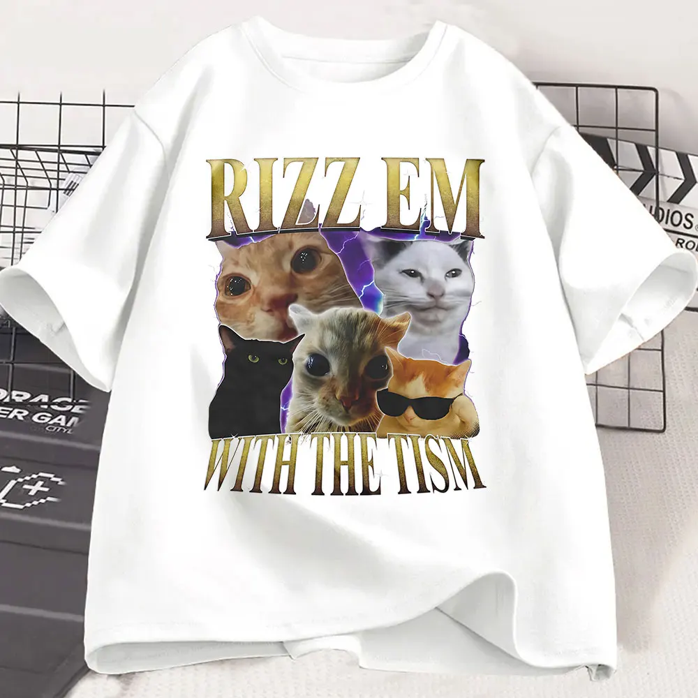 Rizz Em with The Tism T-Shirt Retro Funny Cat Meme Oversized T Shirt Tops Men Women Clothing Casual Cotton Short Sleeve T-Shirts