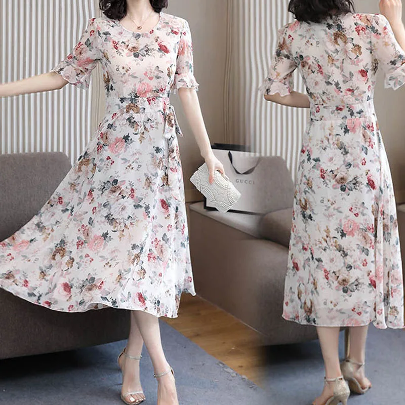 2023 Summer New Loose Oversized Waist Fashion Floral Short Sleeve Round Neck Spliced Belt Temperament Women's Casual Long Dress