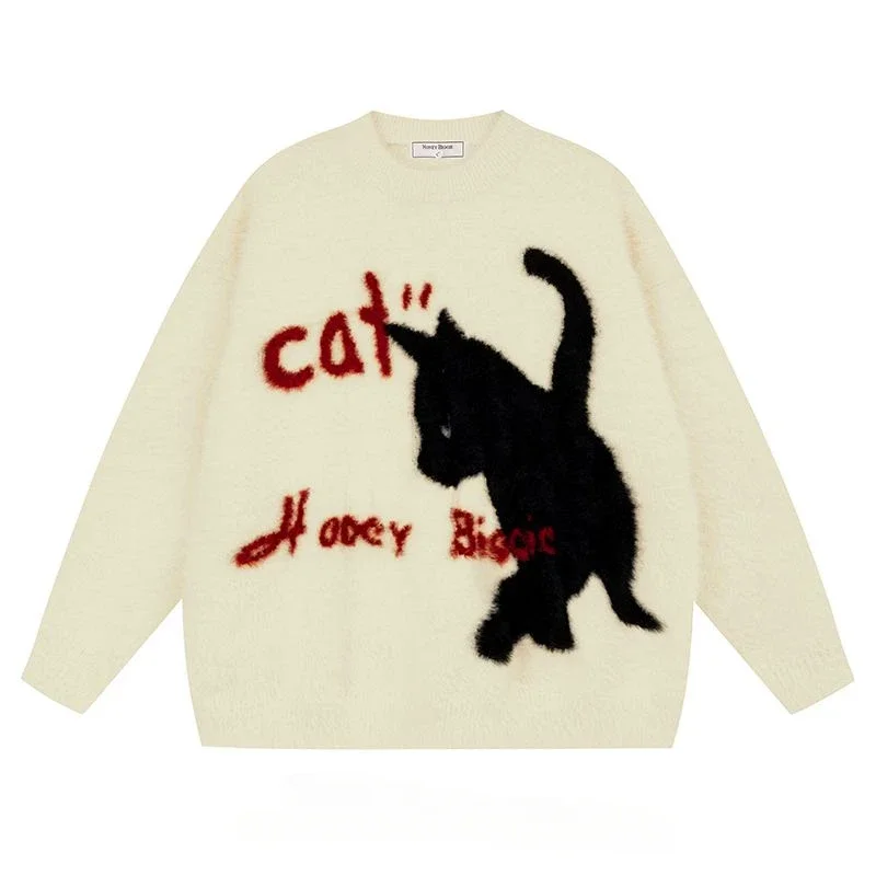 Hikigawa Streetwear Chic Fashion Cartoon Cat Print Women Swetry Autumn Sweet Cool Vintage Y2k Knitted Pullover Tops Ropa Mujer