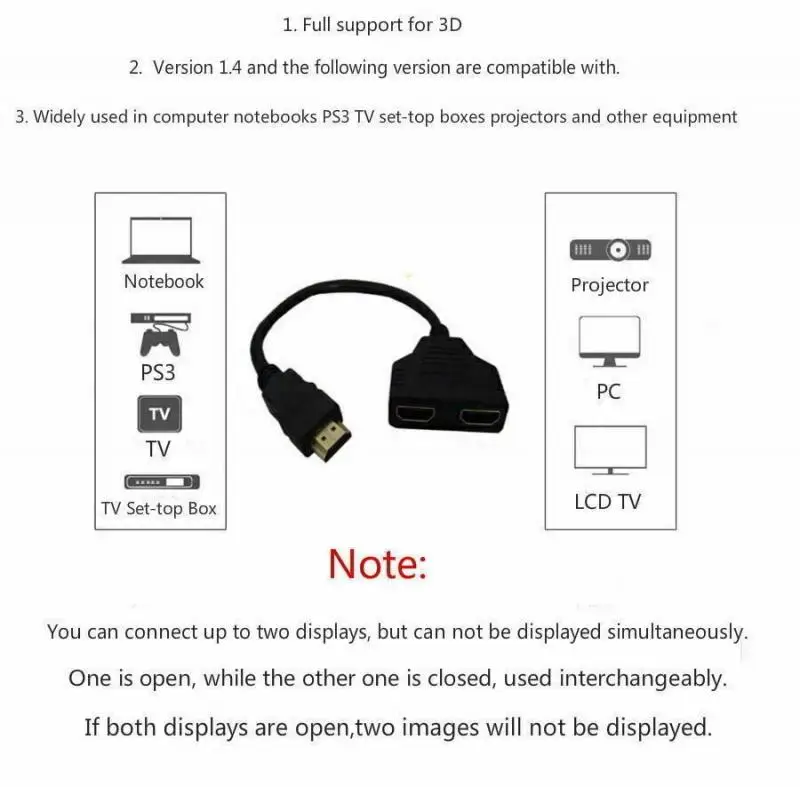 Kompatybilny z HDMI 2 podwójny Port Y Splitter 1080P kompatybilny z HDMI V1.4 1 x męski/2 x żeński kabel Adapter 1 na 2 wyjścia