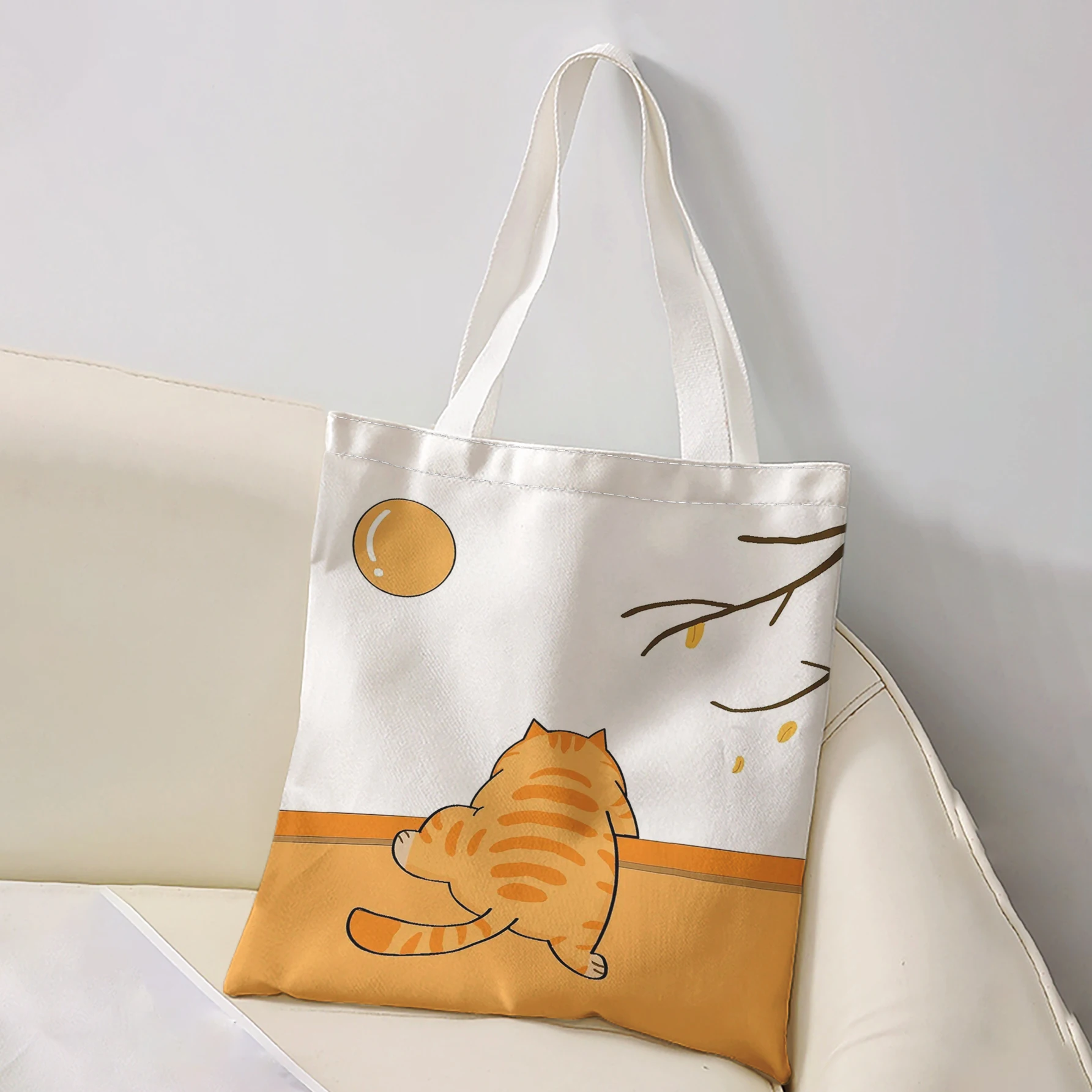 Back View Orange Tabby Cat Autumn Branch Print Tote Bag Large Capacity Shoulder Bag For Shopping Travel Daily Use