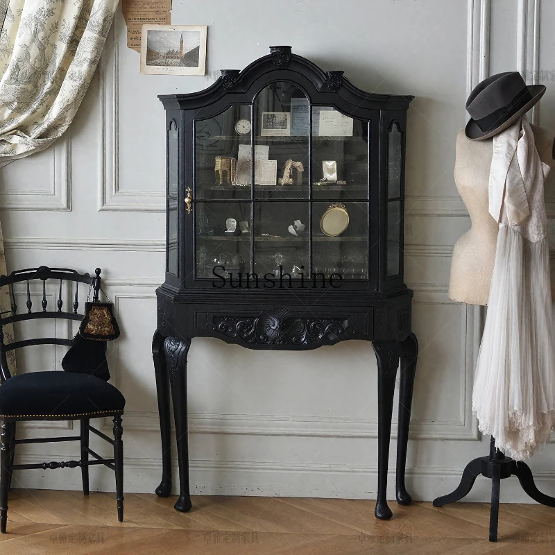 

Light French retro solid wood home glass carved high cabinet rural display replica