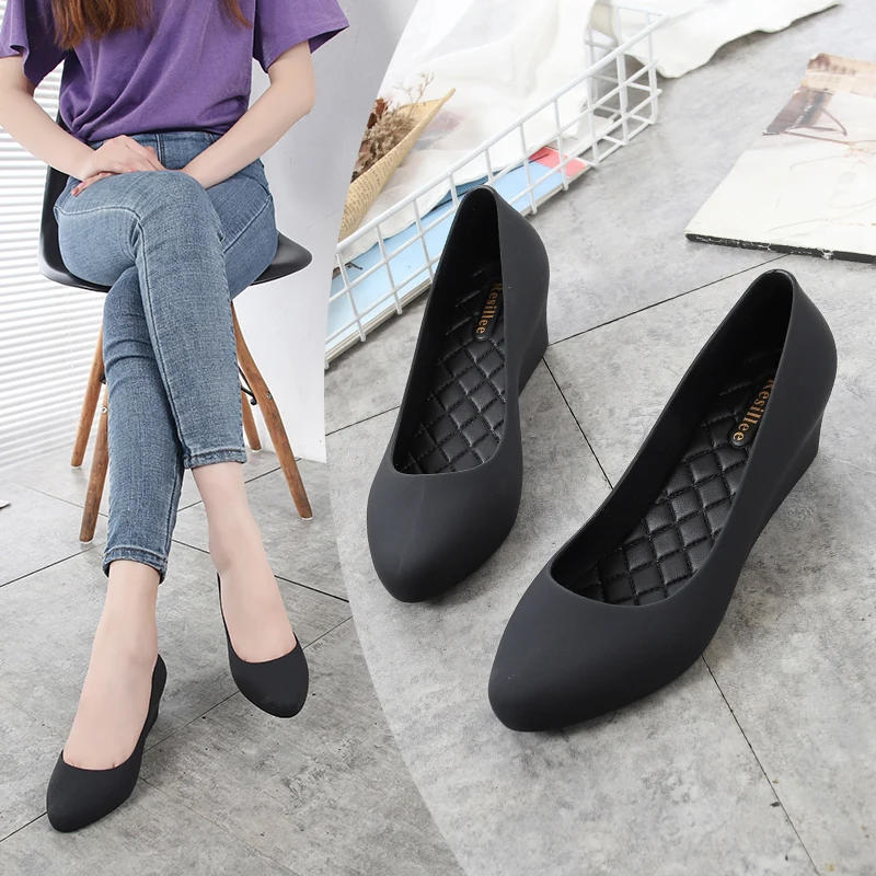 Resillee Women Navy Blue Wedge Heel Jelly Shoes Waterproof PVC Slip-on Ballet Flats Office Casual Rainy Day Comfortable Pumps (R