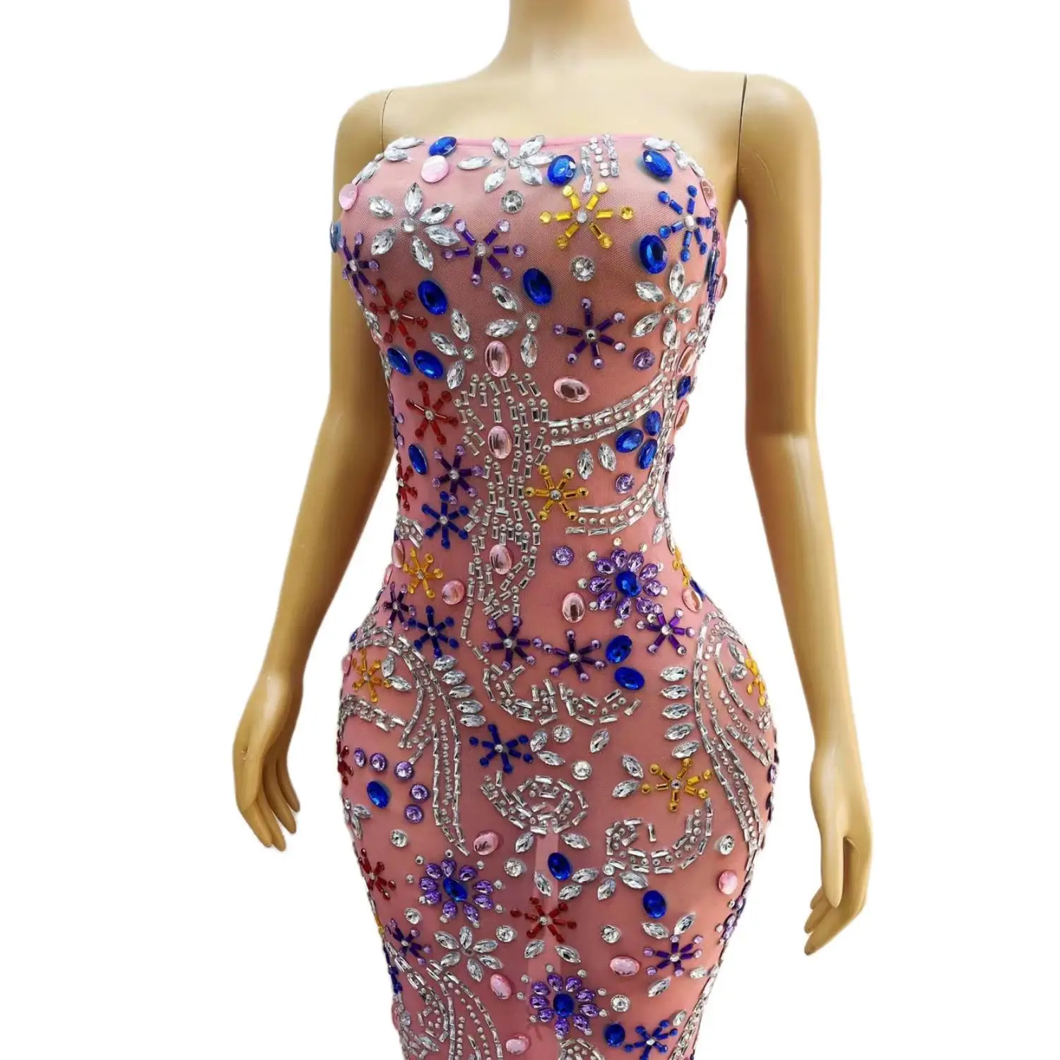 Tangren Sexy robe de soirée sans bretelles rose voir à travers maille bleu blanc strass longue robe de mariage Banquet robe de fête d'anniversaire