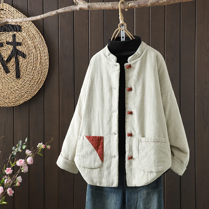 

Женское хлопковое льняное джинто Thiened, осенне-зимнее высококачественное хлопковое пальто в китайском стиле в стиле ретро на пуговицах, теплое хлопковое пальто в стиле дзен...