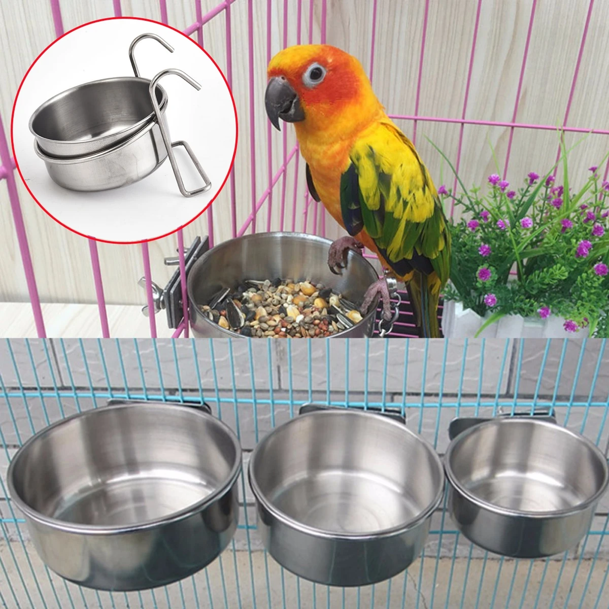 5 Sizes Pet Birds Parrot Rabbit Hamster Food Dish Stainless Steel Hanging Cage Water Drinker Small Cat Puppy Feeding Bowl 1Pc view 4