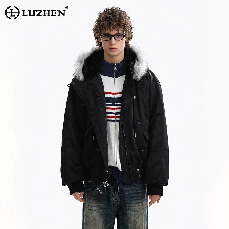 LUZHEN Faux 2026 Winter New Solid Placket Color Cross Fur Patchwork Hooded Padded Coat Men Fashion Handsome Parka Jacket JY9134