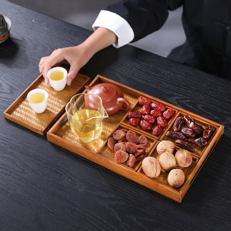 Retro Bamboo Woven Fruit Plate Large Lacquer Grid Tea Tray Storage Dry Bubble Tray Household Refreshment Tray Japanese Style