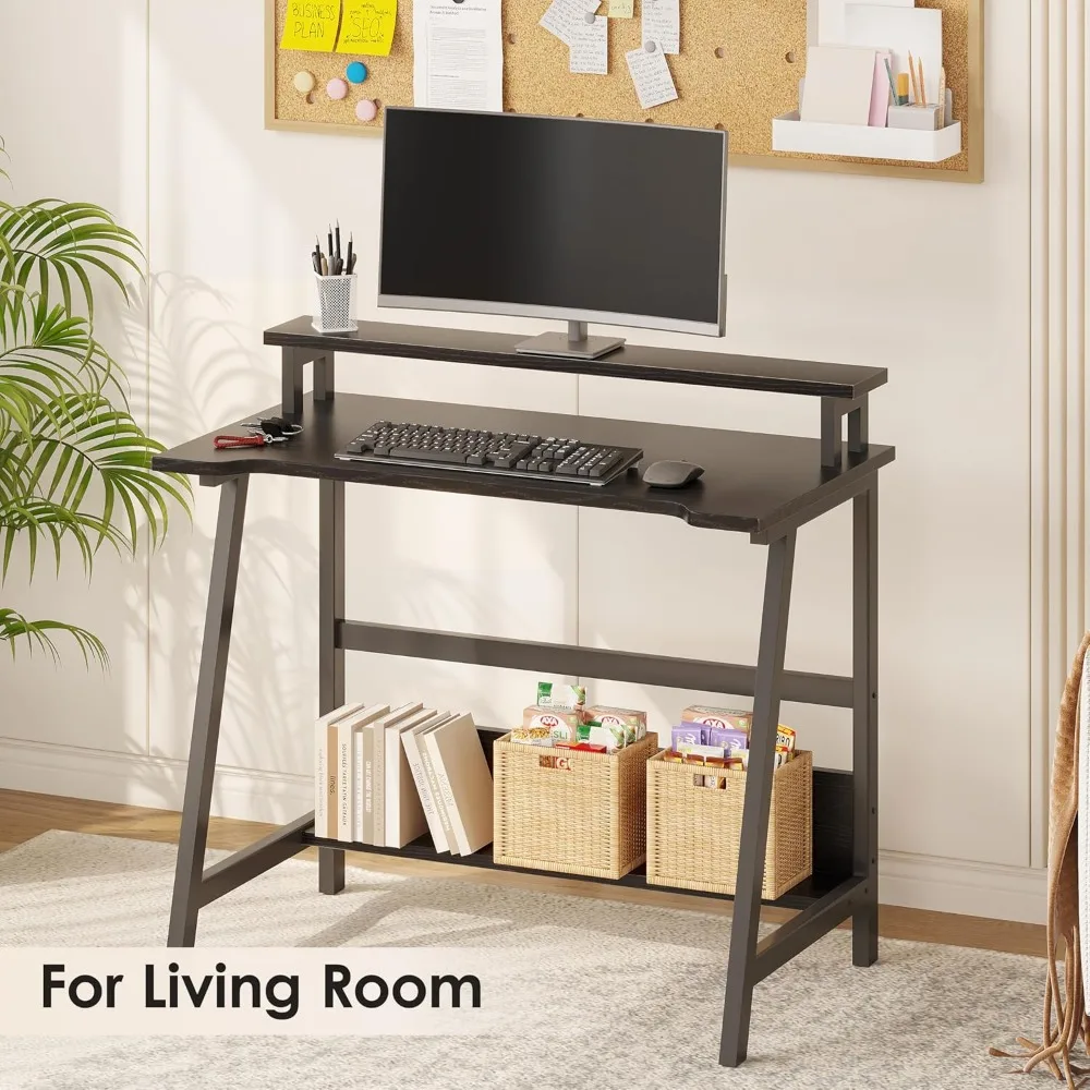 مكتب مكتب منزلي مدمج مع رف تخزين ورف كتب للمساحات الصغيرة، مثالي للشاشة والكتب