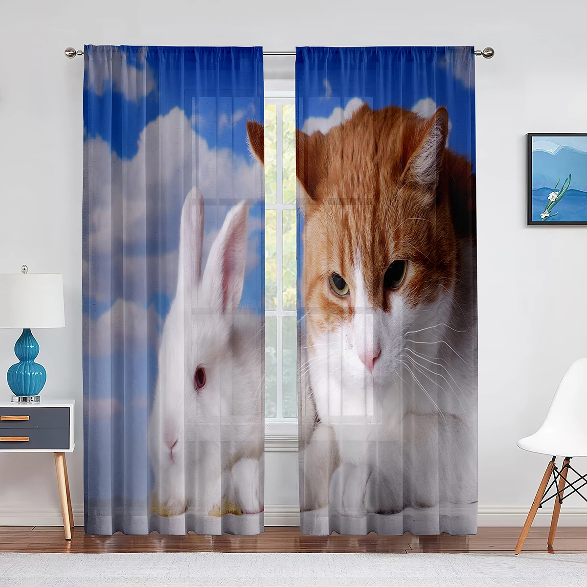 

Cute Cat and Rabbit Small Animals Sheer Curtains for Living Room Voile for Window Blinds Bedroom Tulle Drape Kitchen Curtains