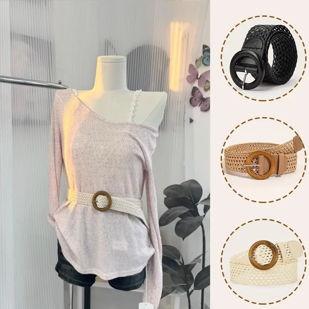 

Summer Bohemian Women Straw Belt Braided Waistbelt Wide Belt Wood Buckle Simple Wild Elastic Braided Belt Weaving Accessories