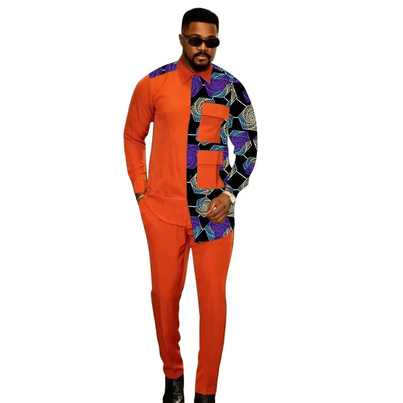 African Couture Orange Men's Print Suit Patchwork Shirt With Elastic Waist Pants Vintage Set For Party Tailored Fit