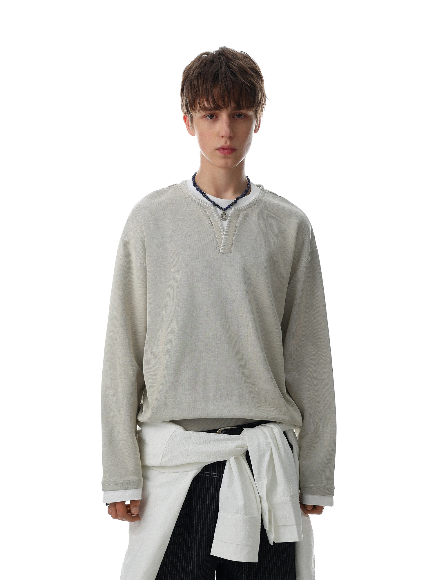 American Retro Pure Color Long Sleeve T-Shirt Men's Loose Casual Lazy Style Top Trendy Fake Two-Piece Cotton Polyester Spring