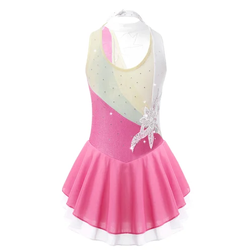 Imagen 2 del producto Vestido de patinaje sobre hielo con lentejuelas para niñas, leotardo de gimnasia y Ballet Floral con diamantes de imitación, Ropa de baile, ropa de actuación de competición