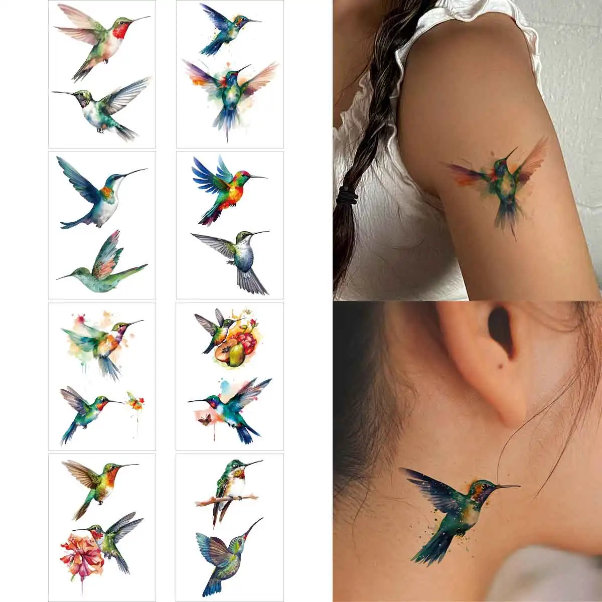 8 Sheets Watercolor Hummingbird Temporary Tattoos for Women Girl Small Flash Graffiti Birds Fake Tatoos Waterproof Body Art