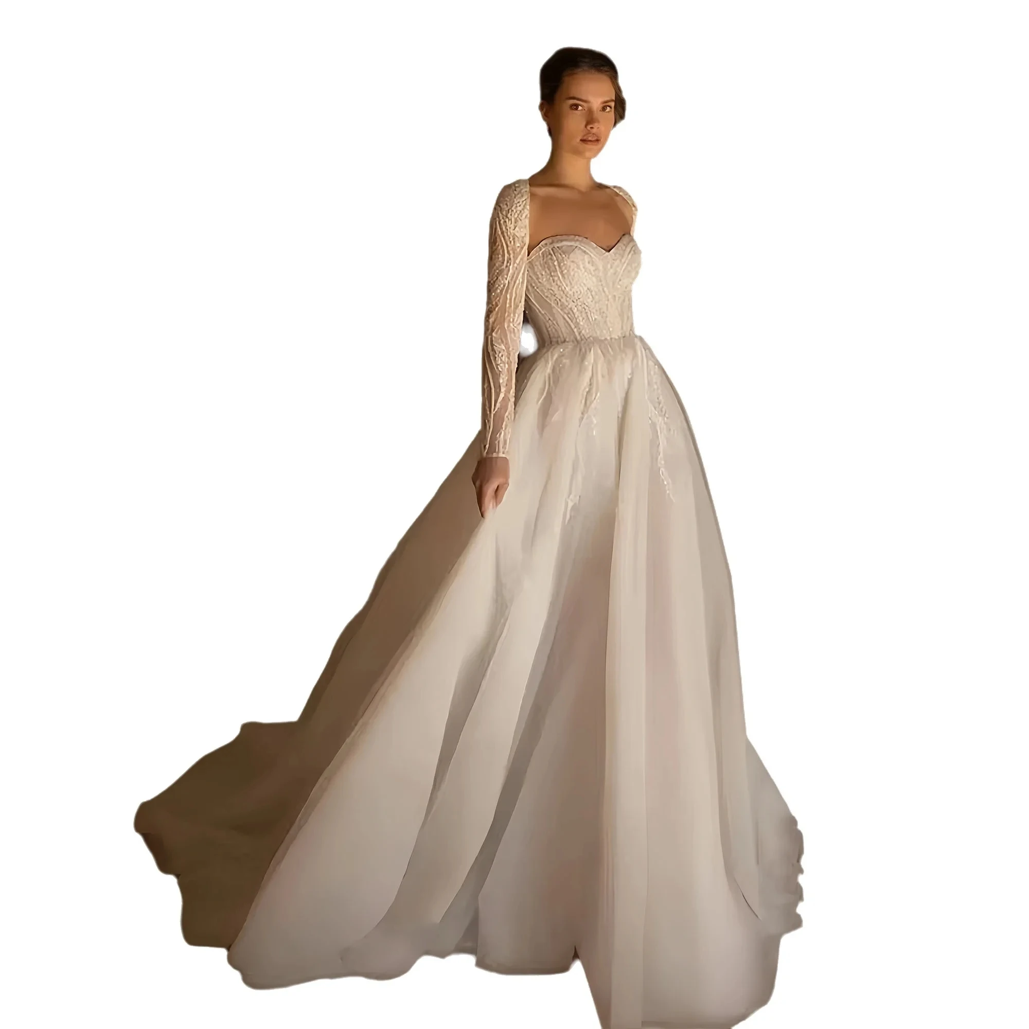 

2025 Elegant A-line Wedding Dress Sweetheart Embroidery Beads Long Sleeves A Line Organza Bride Brida Grown Vestidos De Noiva