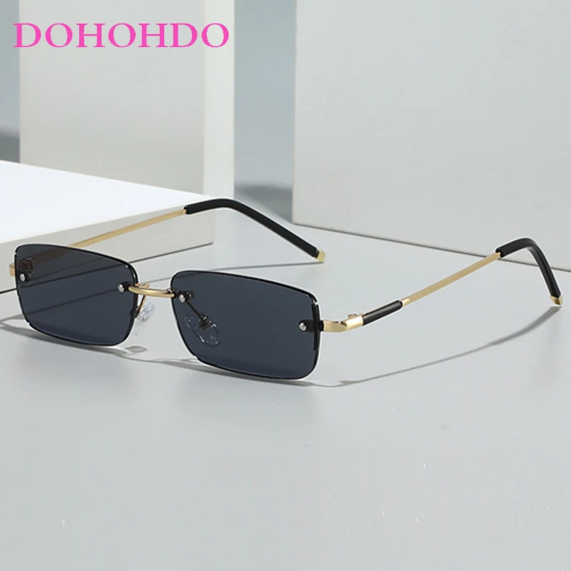 

Vintage Luxury Metal Rimless Rectangle Small Frame Sun Glasses Men Brand Designer Women Sunglasses Travel Driving Shades UV400