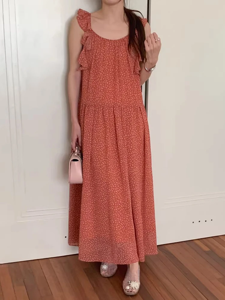 Retro Chic Sommer Floral Print Off Oulder Rüschen Saum Weste Dr frauen Lose Taille Koreanische Sle Langen Rock ohne Sve