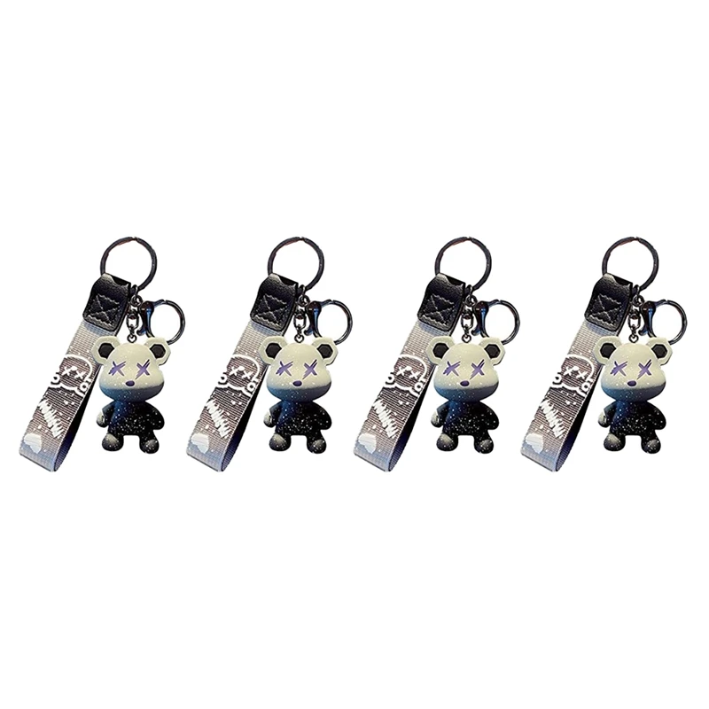 

4 PCS Men Women Boy Girl Cute Color Bear Keychain Braided Rope Resin Animal Pendant Metal Key Ring Gray