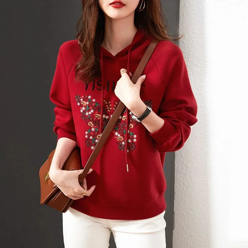 

Women's Hooded Sweatshirt Spring Autumn Long Sleeved Pullover Female Winter Add Velvet Sweatshirt Korean Loose Embroidery Tops