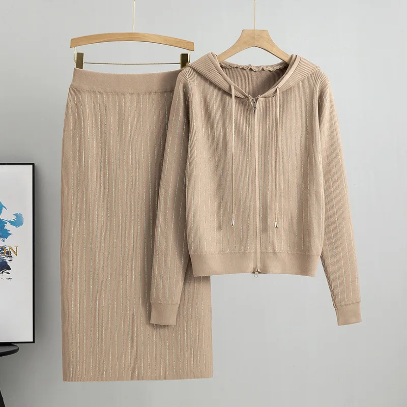 Korean Style Hot Diamond Sweater Cardigan Jacket Long Skirts Two-piece Set Women's Autumn Winter Knitted Zipper Hooded Coat