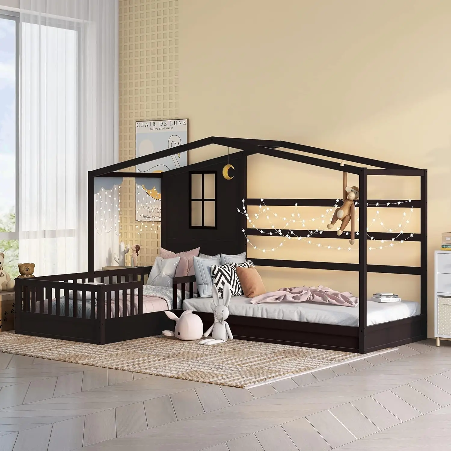 L-Shape Bed For 2 Kids, Twin Size House Beds Double Platform Bed, Wooden Corner Montessori Bed Frame With Rails And Decorative