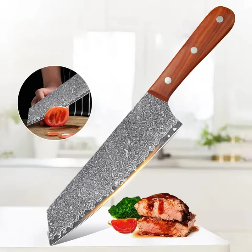 2026 New High-Strength Kitchen Knife - Damascus Steel Blade, Wood Handle, Suitable for Cutting Meats, Kitchen Chef's Knife