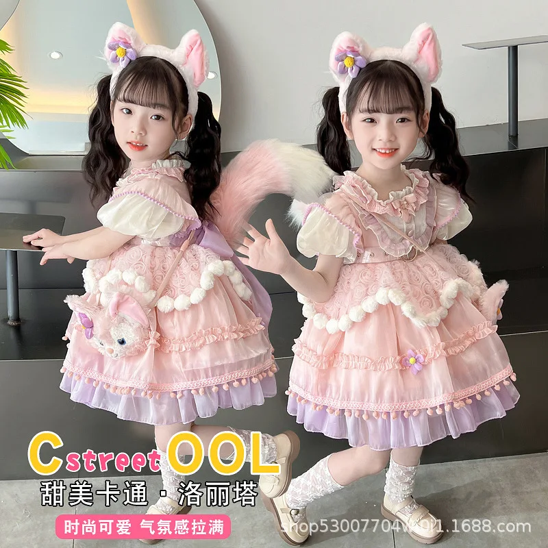 

Cute Girl Lolita Kawaii Summer Girl's Lolita Dress Cartoon Pink Short Sleeve Birthday Party Role Play Tutu Dress Yarn Skirt Gift