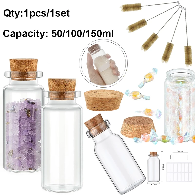 

Clear cork empty glass bottle 1 pcs / 1 set of 50-150ml with label and brush candy storage glass jar household storage jar vial