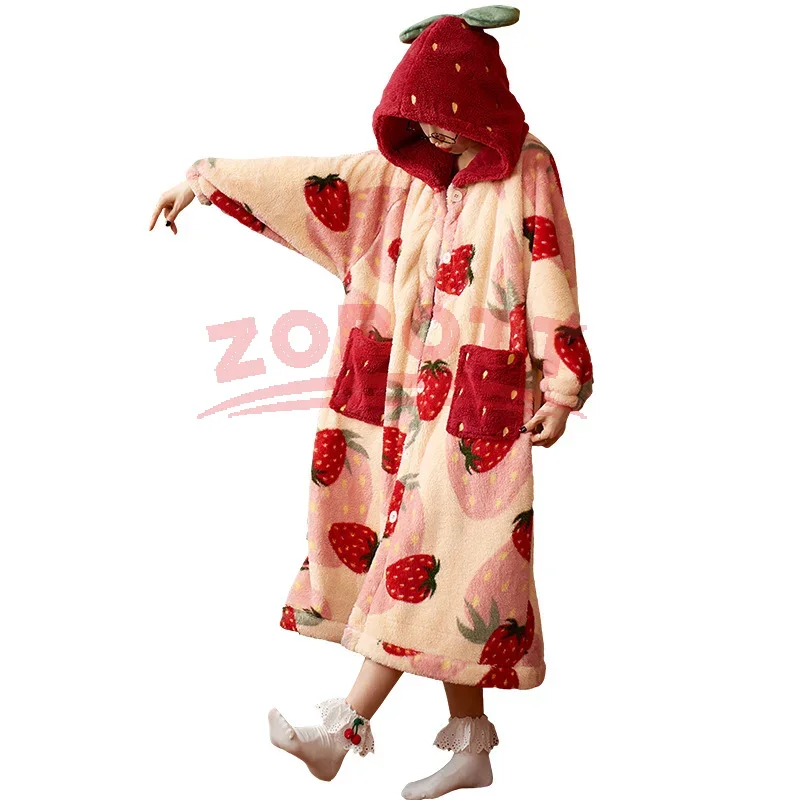 Pijamas de inverno para mulheres morango dos desenhos animados com capuz longo robe jaqueta bonito casa wear pijamas kawaii flanela roupão quente