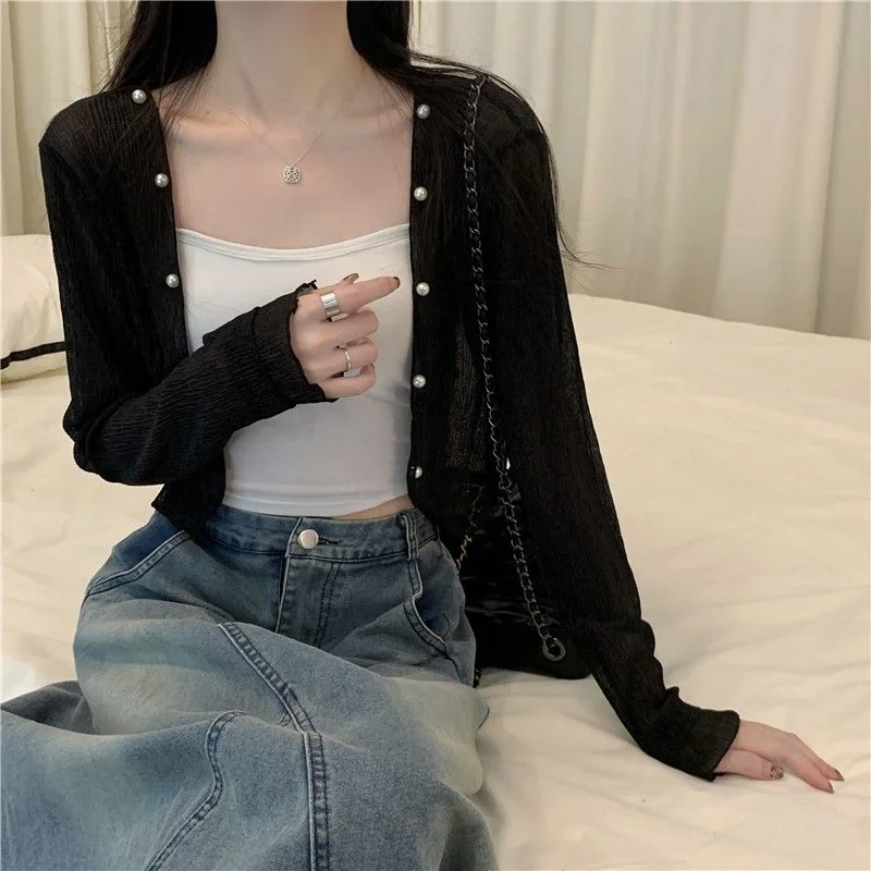 Temperament Sun Protection Chiffon Cardigan Women's Ice Silk Shawl with Suspenders Fairy Long-sleeved Top
