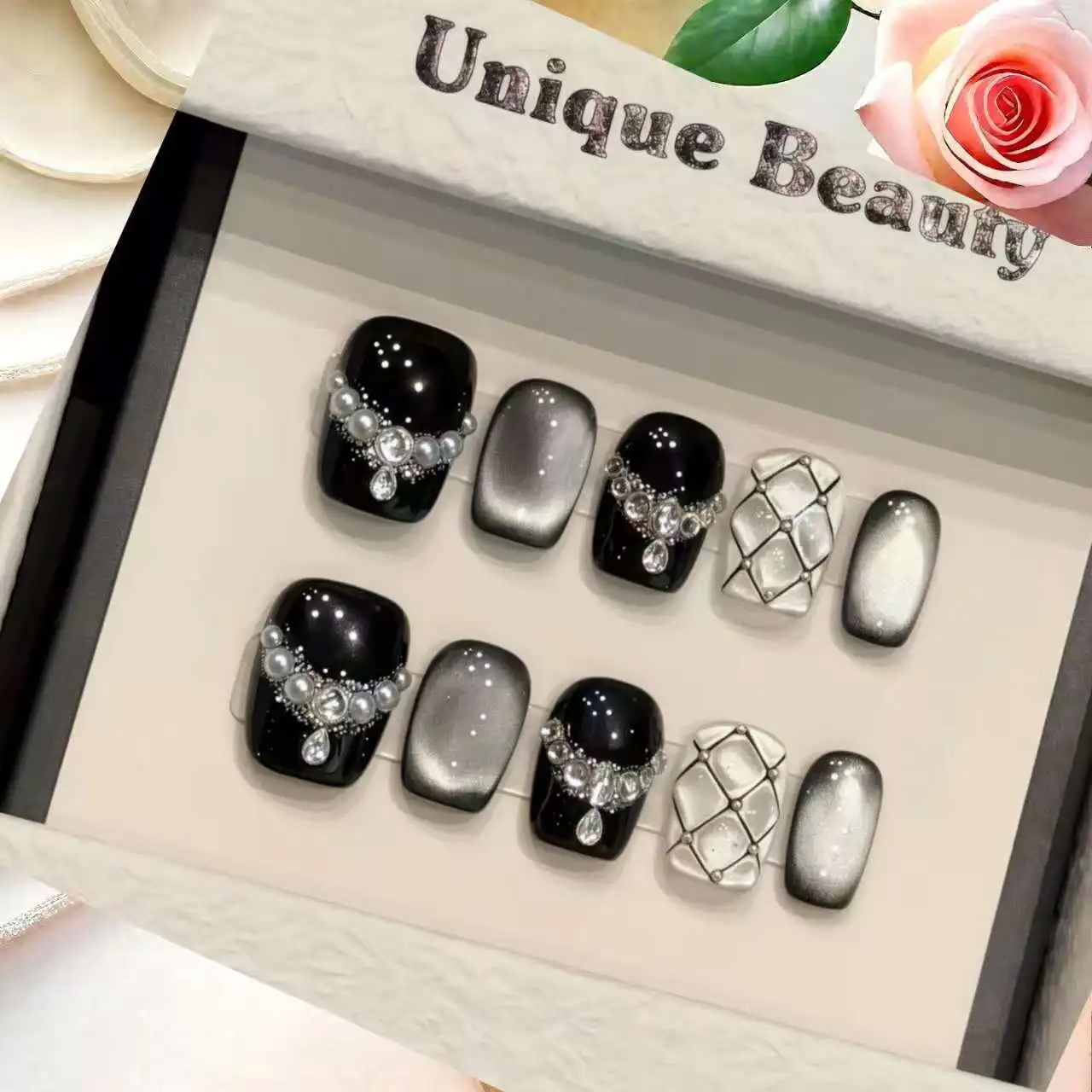 10 pièces Premium perle damier paillettes ciel étoilé noir oeil de chat presse courte sur les ongles à la main usage quotidien avec 4 pièces outils onglets