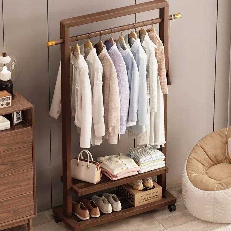 v^-Space Saving Standing Clothes Rack Wooden Drying Wheels Modern Clothing Racks Nordic Boutique De Pared Room Furniture*.