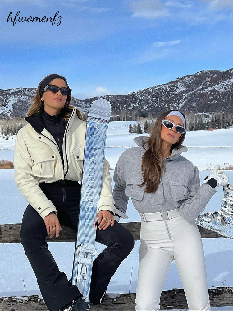 Winter Women's Ski Jumpsuit Belt Long Sleeve Stand Collar Zipper Pockets Patchwork Romper 2026 Fashion Lady Outdoor Skiwear New